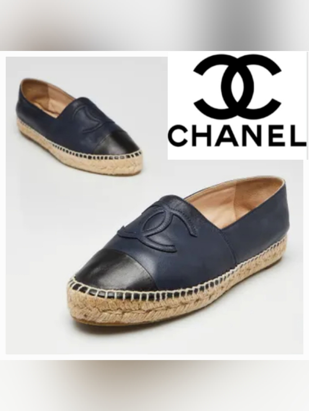 Chanel CC Logo Navy & Black Lambskin Leather Espadrilles Flats Sz 39 US 8